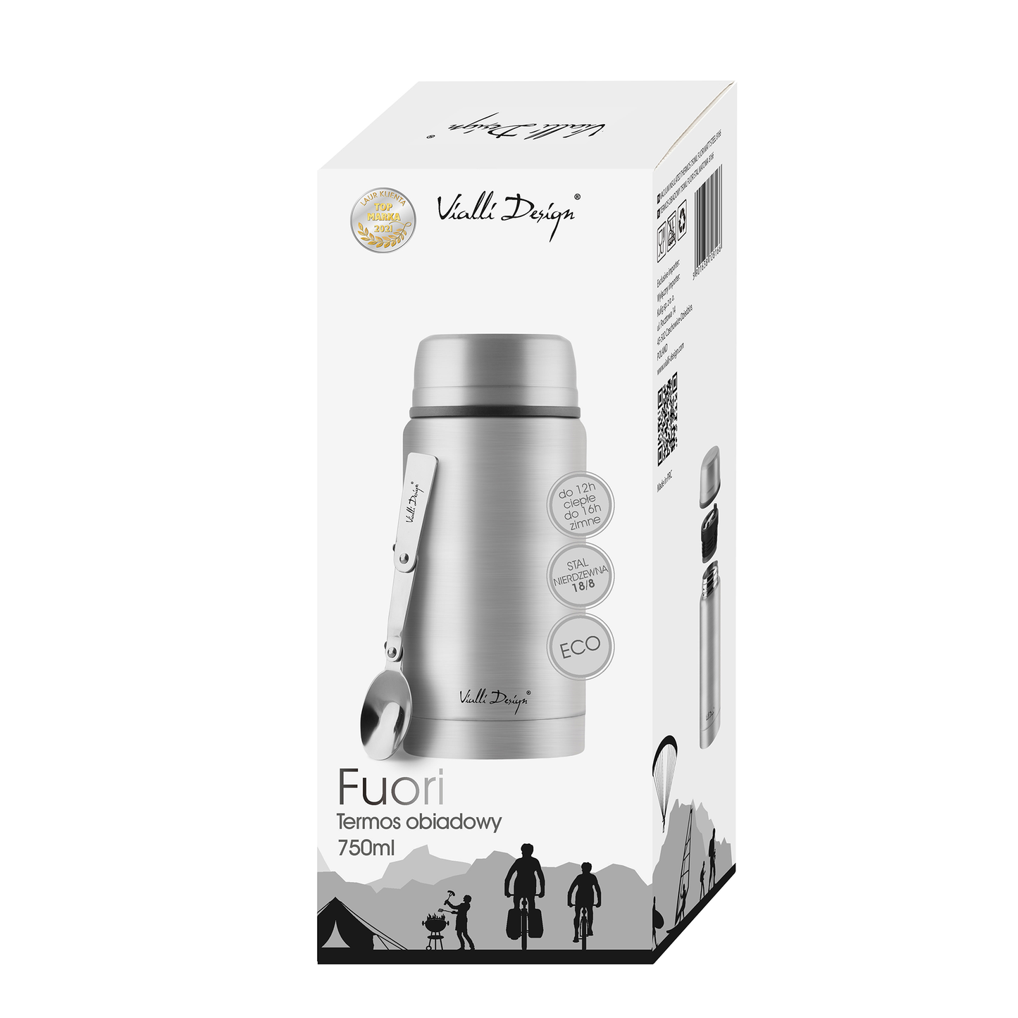 Vialli Design Fuori thermosfles met opvouwbare lepel 750 ML Zilver/RVS - Warm 12 uur - Koud 16 uur