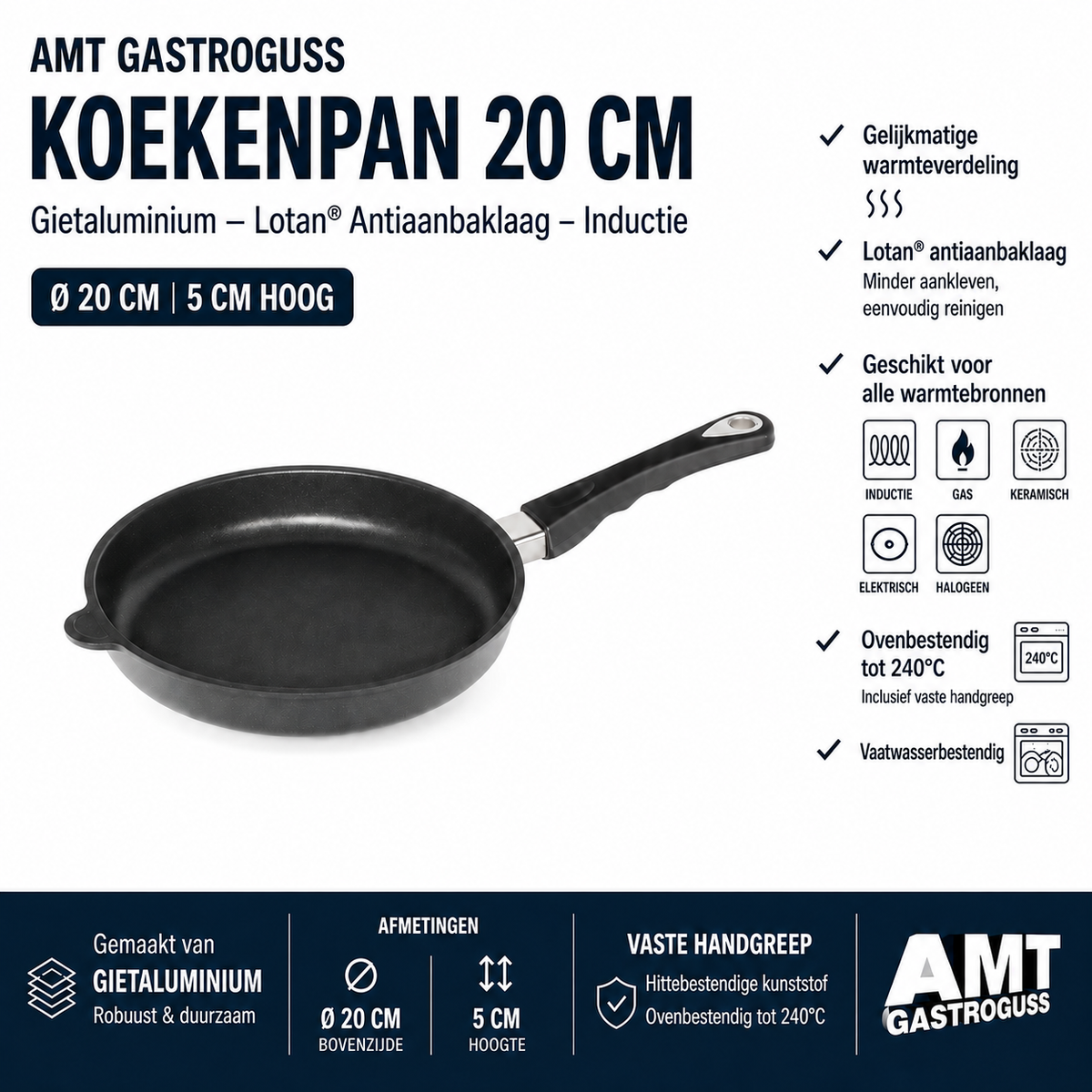 AMT Gastroguss koekenpan I-520 20cm 5cm hoog vaste steel ovenbestendig